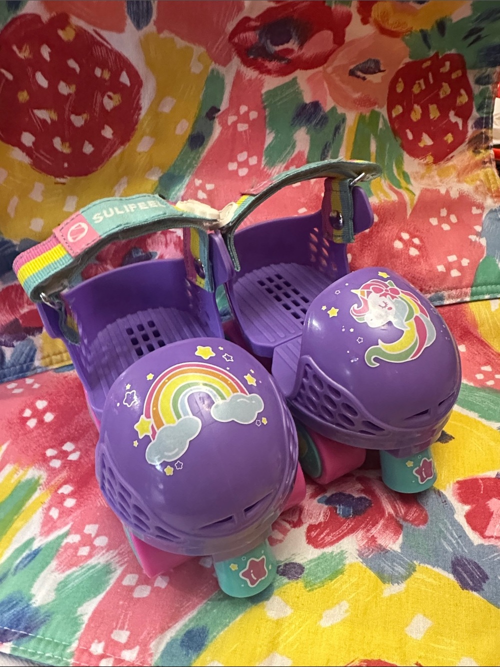 Kids Purple Unicorn & Rainbow Adjustable Roller Shoes